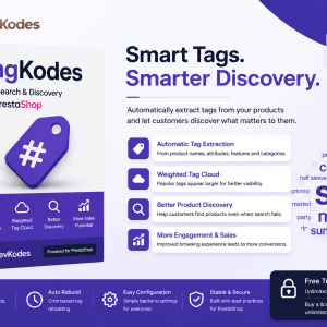 TagKodes PrestaShop tag search and discovery module with automatic tag extraction and weighted tag cloud