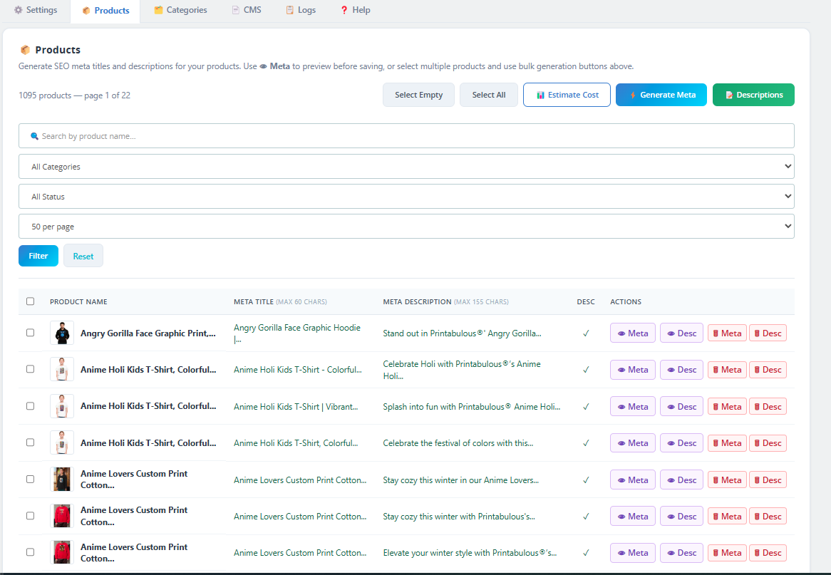 AIKodes Products tab with bulk generation controls