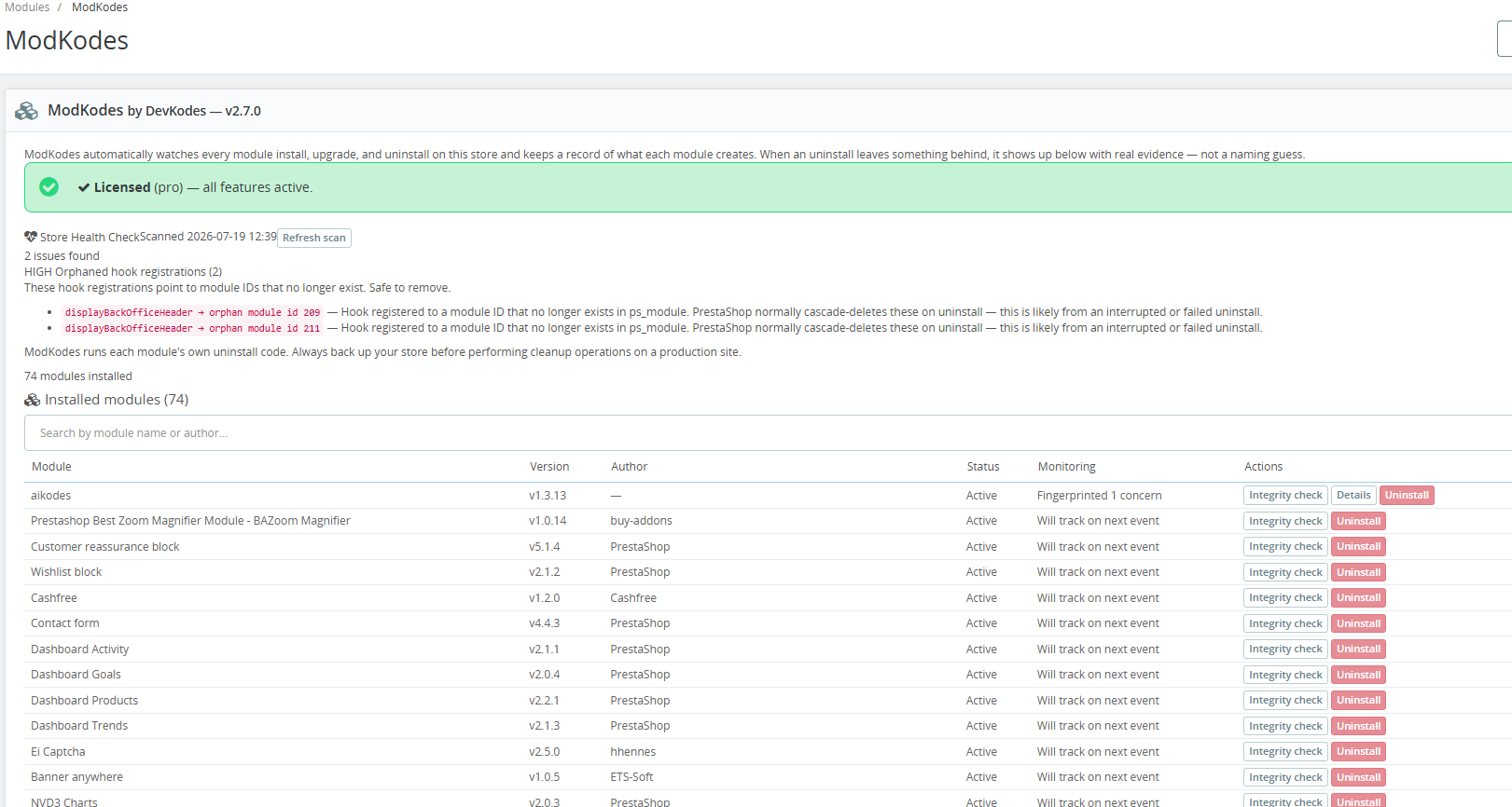 ModKodes admin dashboard showing module registry and store health check