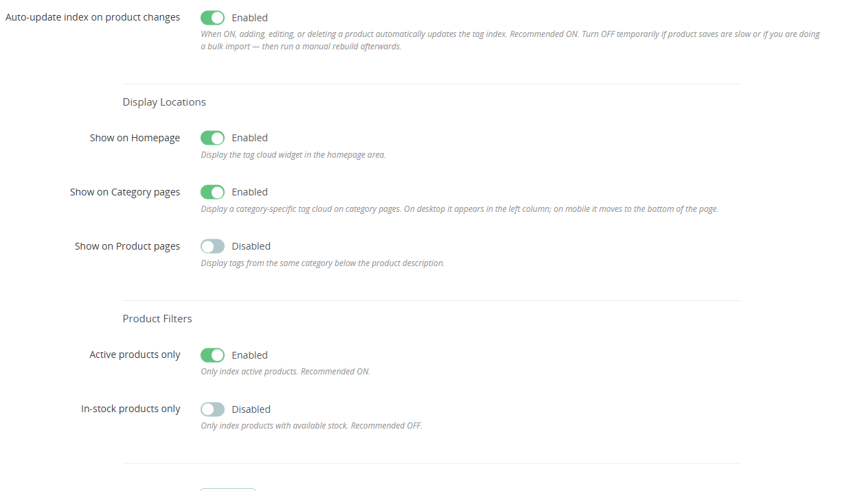 TagKodes display locations and product filter settings