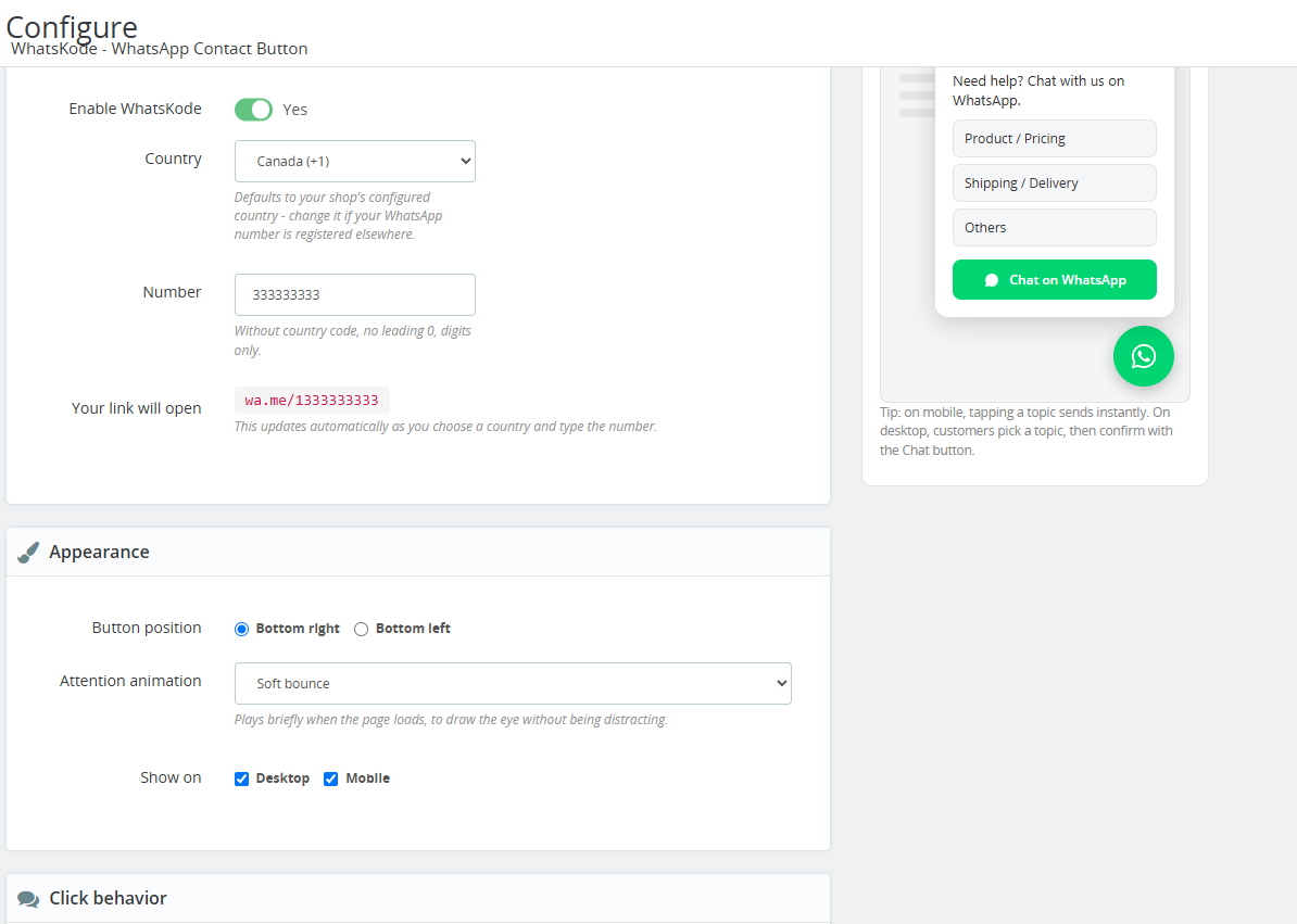 WhatsKode admin settings screen