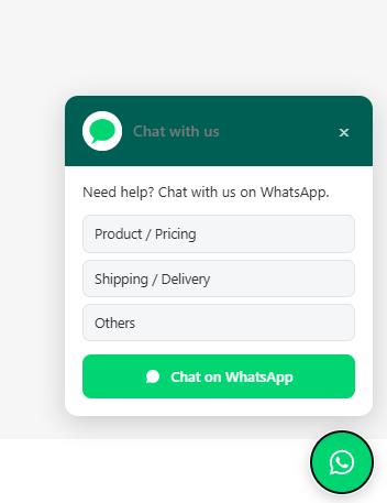WhatsKode storefront pop-up with quick-reply topics